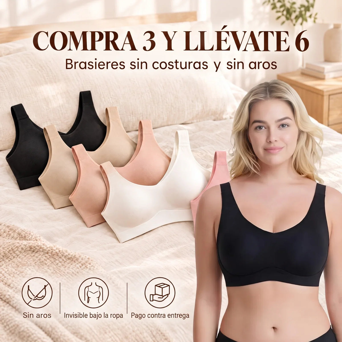Mujer con brasier sin costuras negro y kit de 6 brasieres, compra 3 y llévate 6