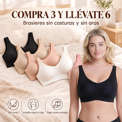 Mujer con brasier sin costuras negro y kit de 6 brasieres, compra 3 y llévate 6