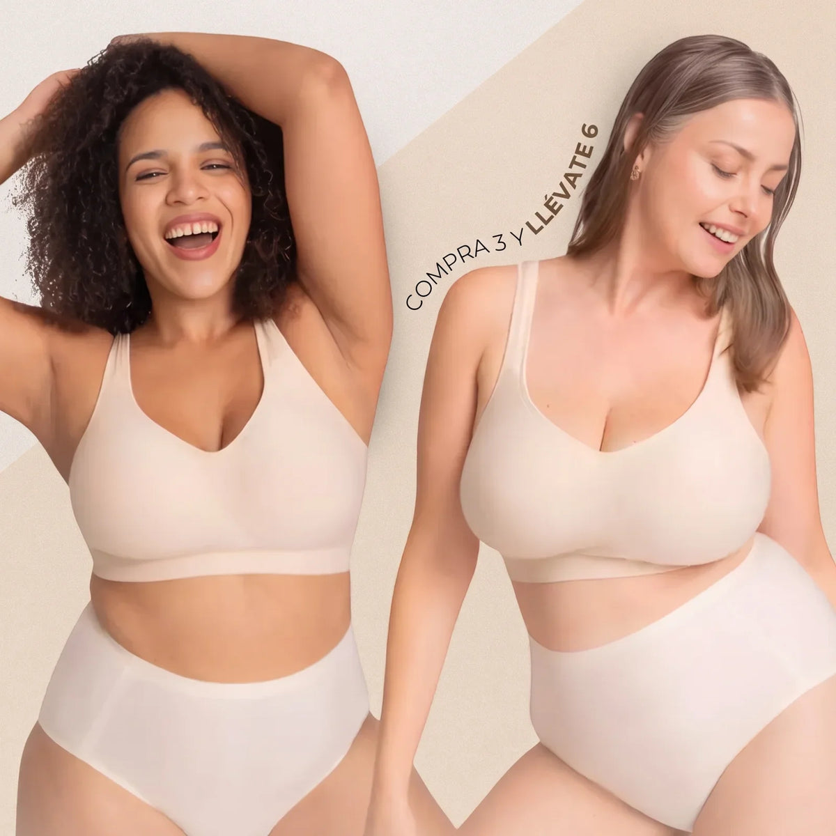 Mujeres usando brasieres sin costuras color nude