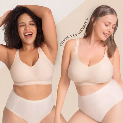 Mujeres usando brasieres sin costuras color nude