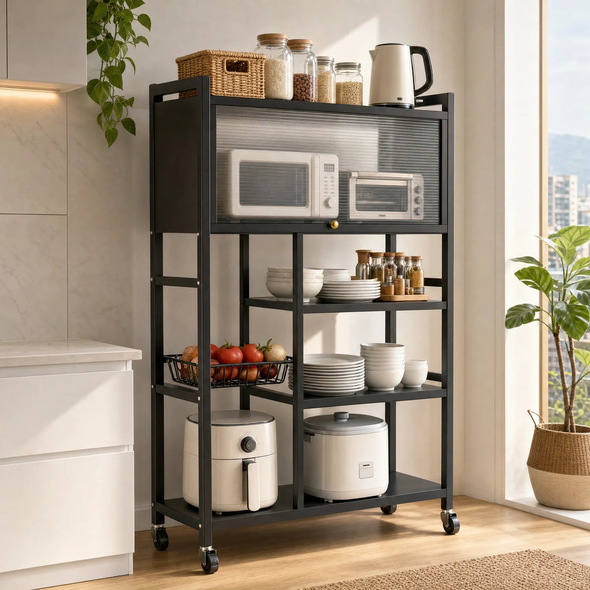 Mueble organizador metálico de cocina OrganiChef PRO con microondas y freidora