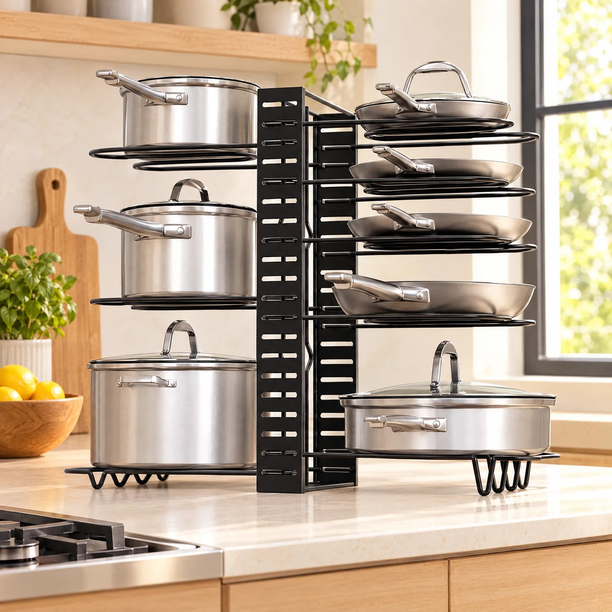 Organizador de ollas y sartenes metálico OrganiOlla PRO en el mesón de la cocina