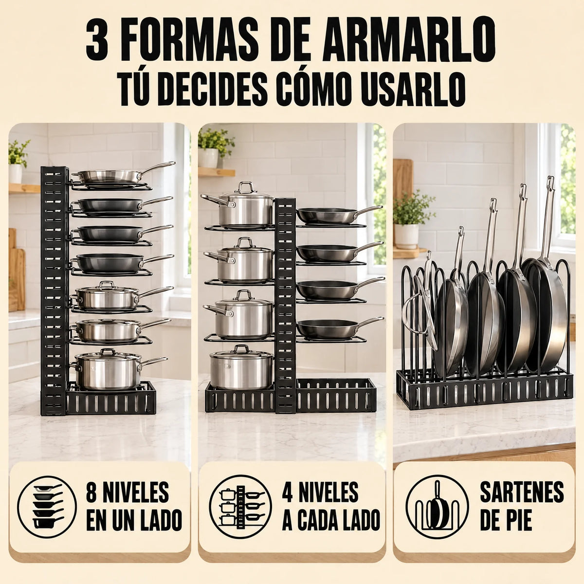 3 formas de armar el organizador de ollas OrganiOlla PRO