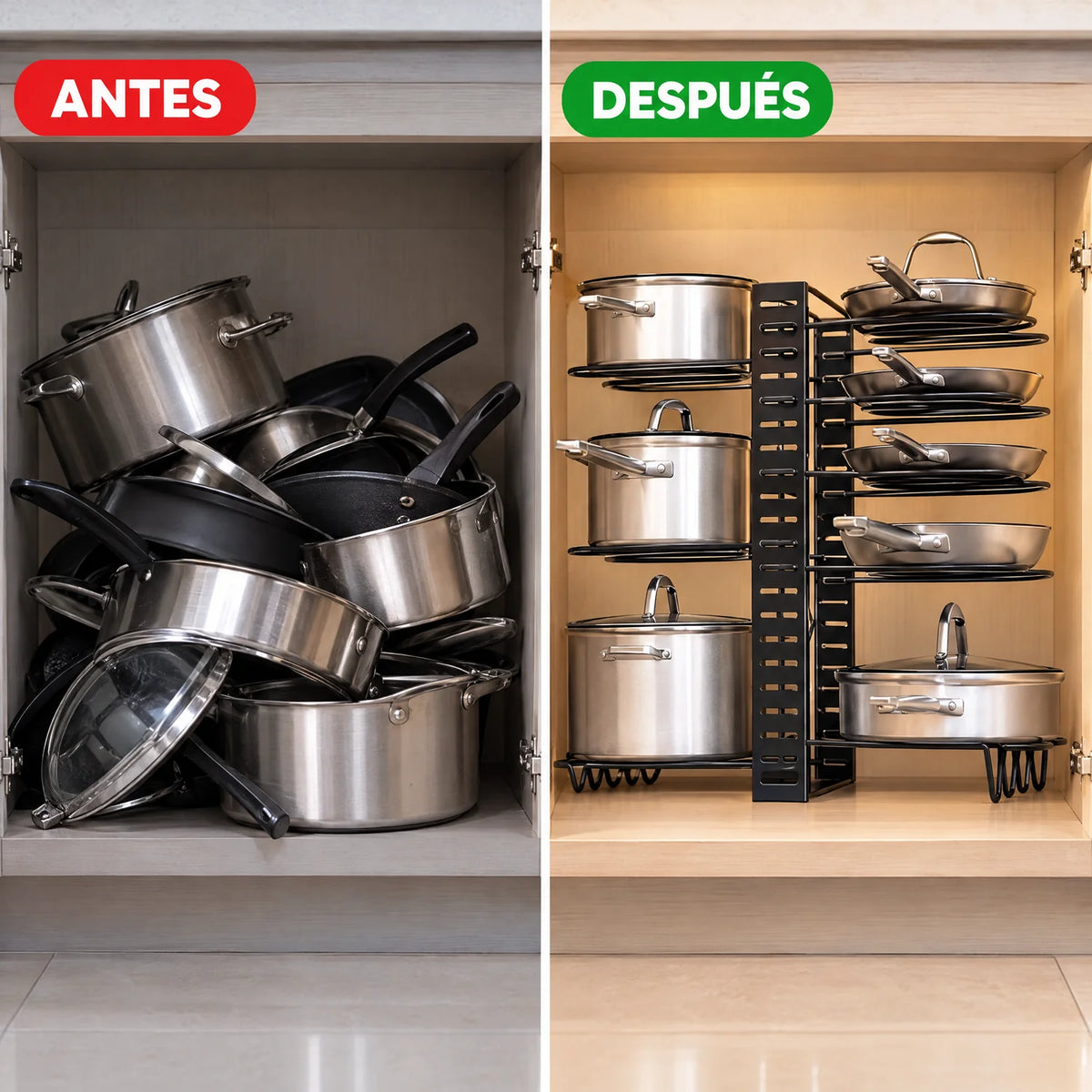 Antes y después: gabinete con ollas amontonadas y ordenado con OrganiOlla PRO