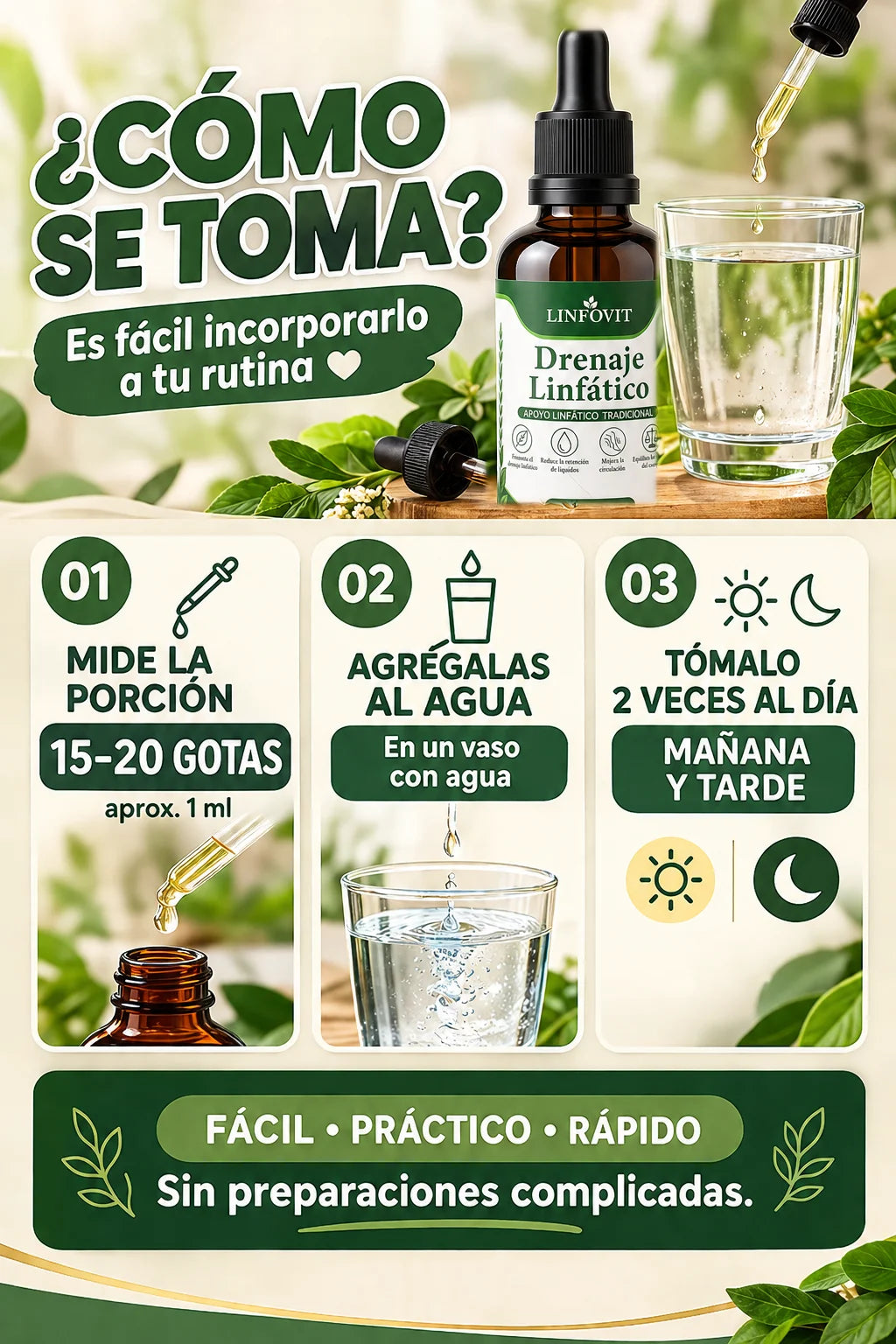 ¿Cómo se toma? Mide 15 a 20 gotas, agrégalas al agua y tómalo 2 veces al día, mañana y tarde